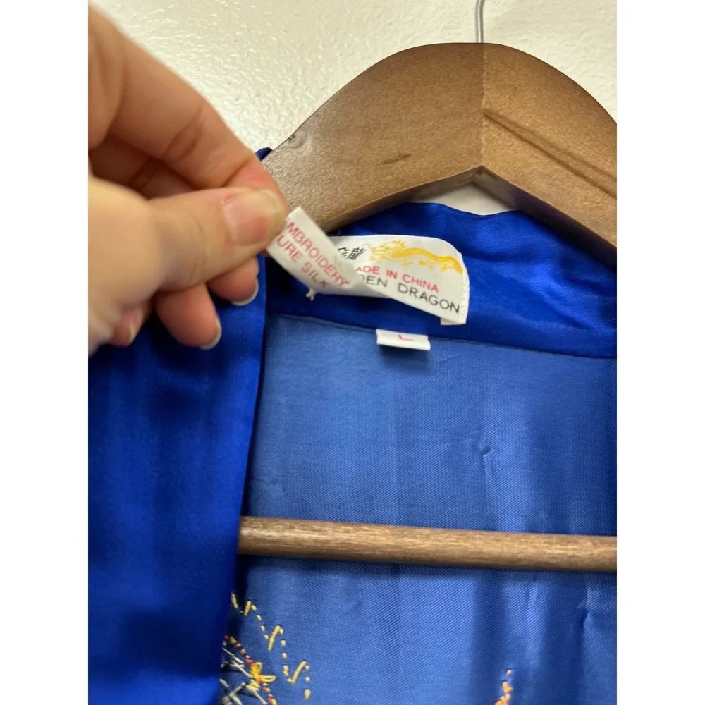Vintage Golden Dragon Embroidered 100% Silk‎ Robe Blue L